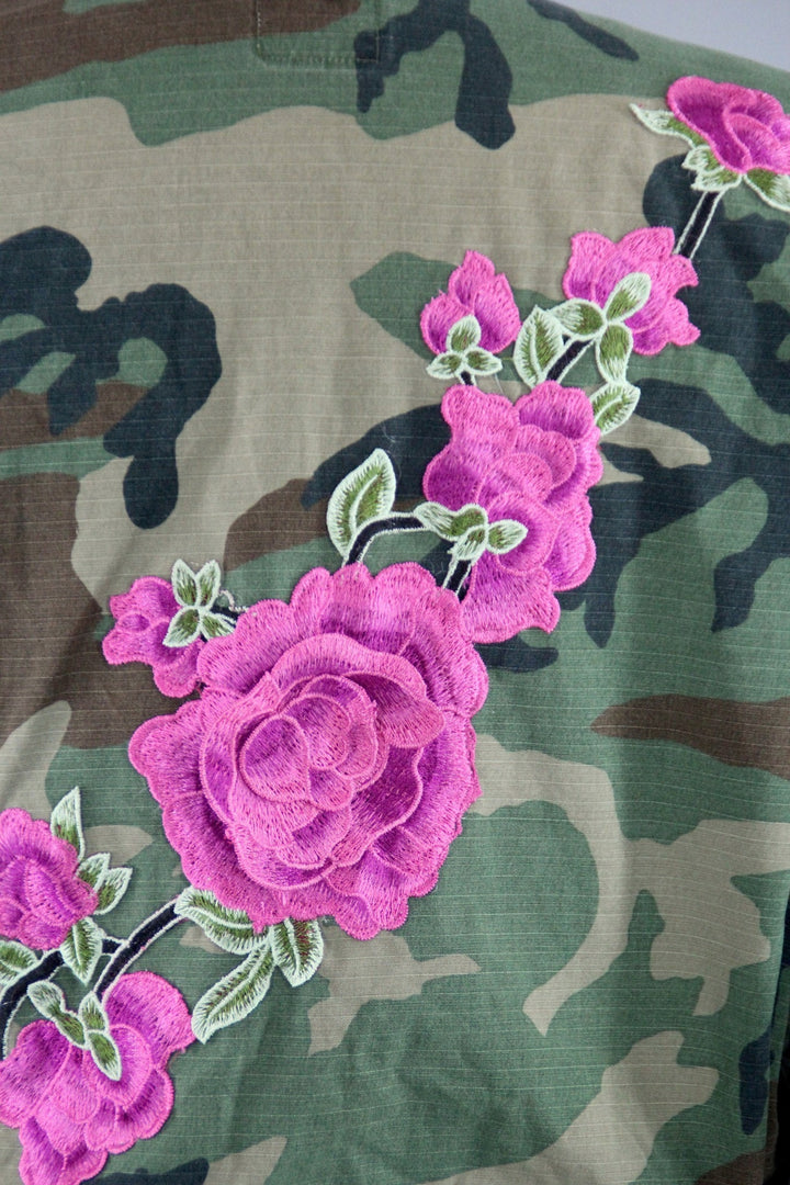 Vintage Army Camouflage Military Jacket with Pink Floral Embroidery - ThisBlueBird