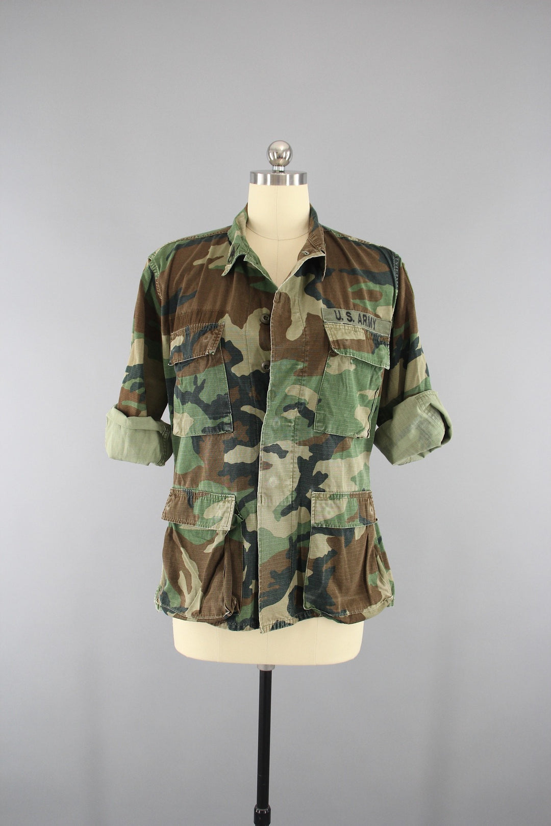 Vintage Army Camouflage Military Jacket with Pink Floral Embroidery - ThisBlueBird