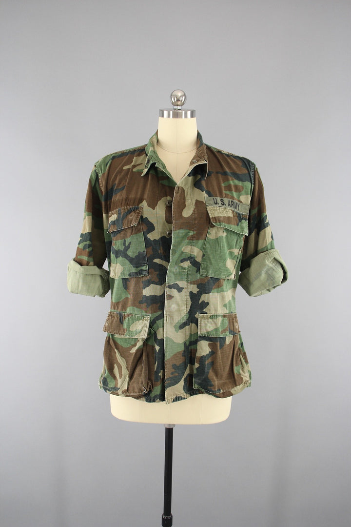 Vintage Army Camouflage Military Jacket with Pink Floral Embroidery - ThisBlueBird