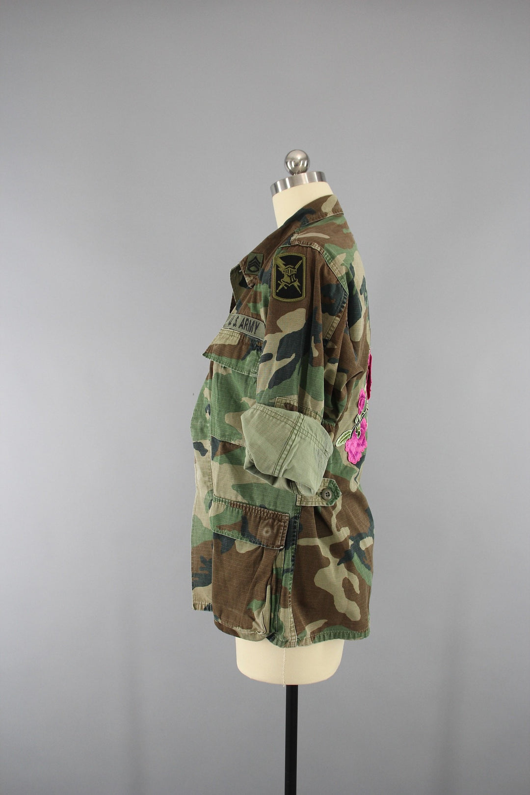Vintage Army Camouflage Military Jacket with Pink Floral Embroidery - ThisBlueBird