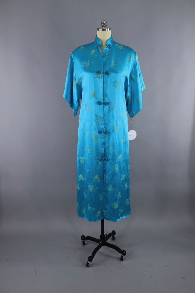 Vintage Asian Embroidered Robe / Aqua Blue & Yellow Satin - ThisBlueBird
