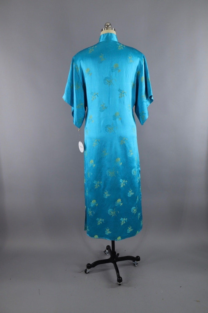 Vintage Asian Embroidered Robe / Aqua Blue & Yellow Satin - ThisBlueBird
