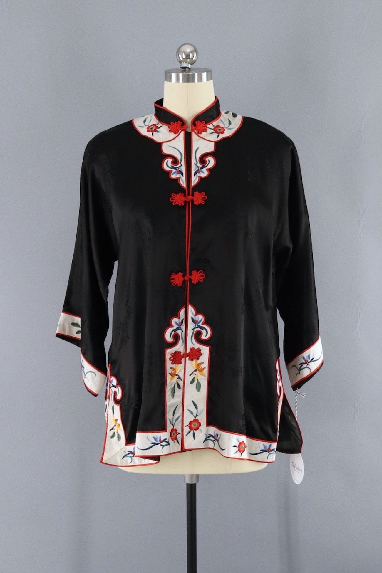 Vintage Asian Satin Jacekt / Black Floral Embroidery-ThisBlueBird - Modern Vintage