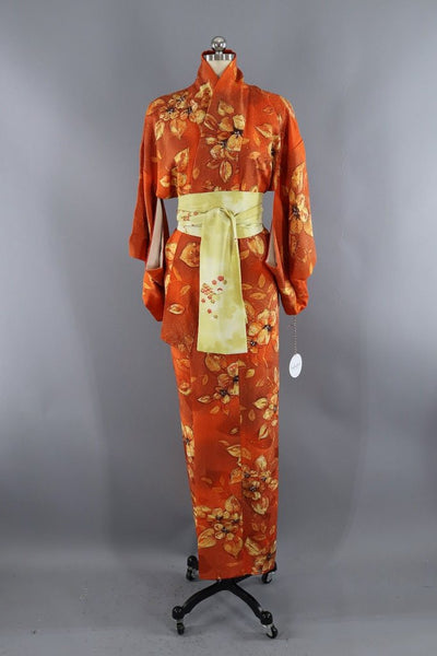 Vintage Autumn Orange Silk Kimono Robe-ThisBlueBird - Modern Vintage