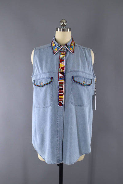 Vintage Beaded Southwestern Chambray Denim Shirt / Navajo Style Beading - ThisBlueBird