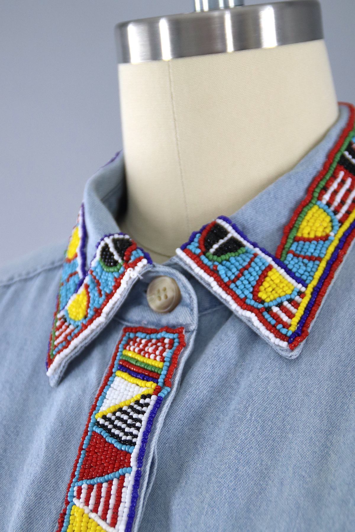 Vintage Beaded Southwestern Chambray Denim Shirt / Navajo Style Beading - ThisBlueBird