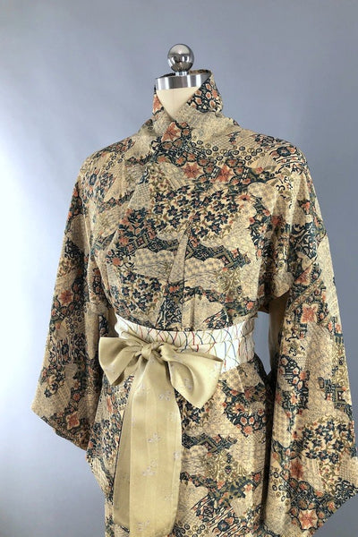 Vintage Beige & Teal Green Floral Silk Kimono Robe-ThisBlueBird - Modern Vintage