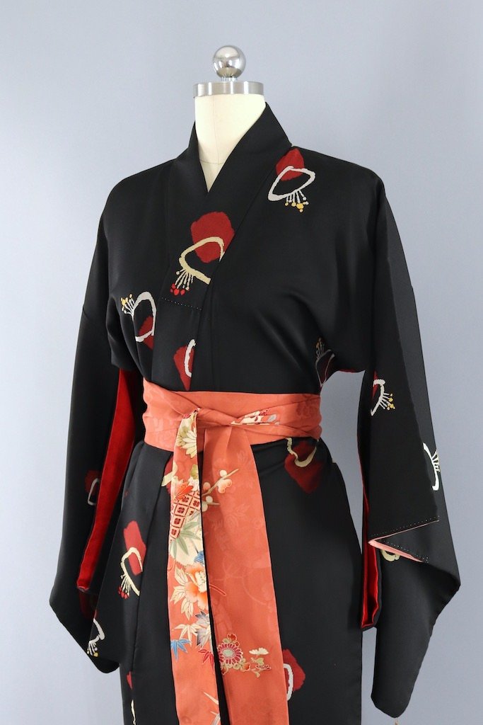 Vintage Black Abstract Floral Silk Kimono Robe-ThisBlueBird - Modern Vintage