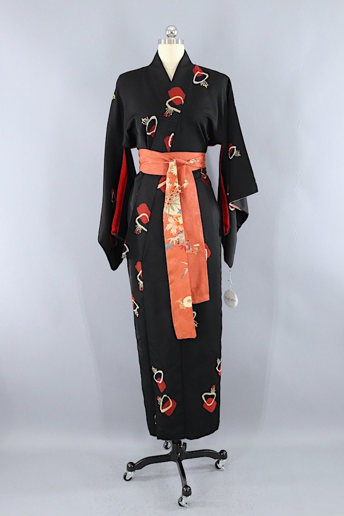 Vintage Black Abstract Floral Silk Kimono Robe-ThisBlueBird - Modern Vintage