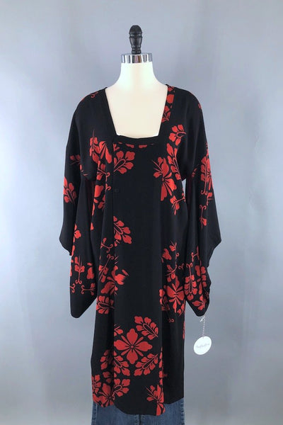 Vintage Black and Red Silk Kimono Coat-ThisBlueBird - Modern Vintage