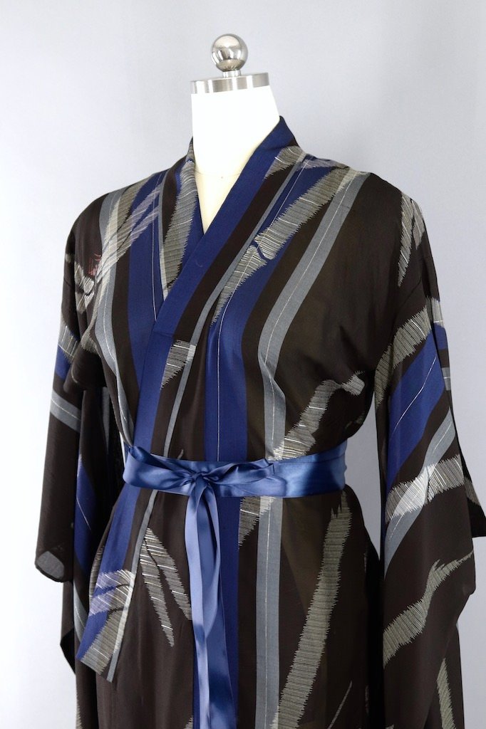 Vintage Black Dragonflies Silk Kimono Robe-ThisBlueBird - Modern Vintage