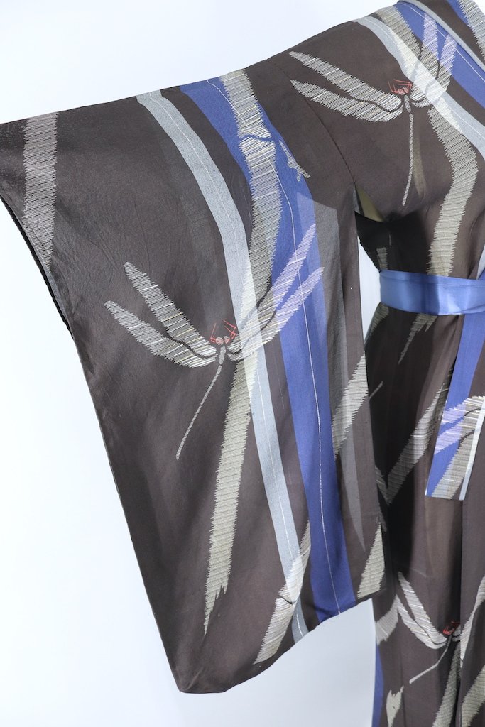 Vintage Black Dragonflies Silk Kimono Robe-ThisBlueBird - Modern Vintage