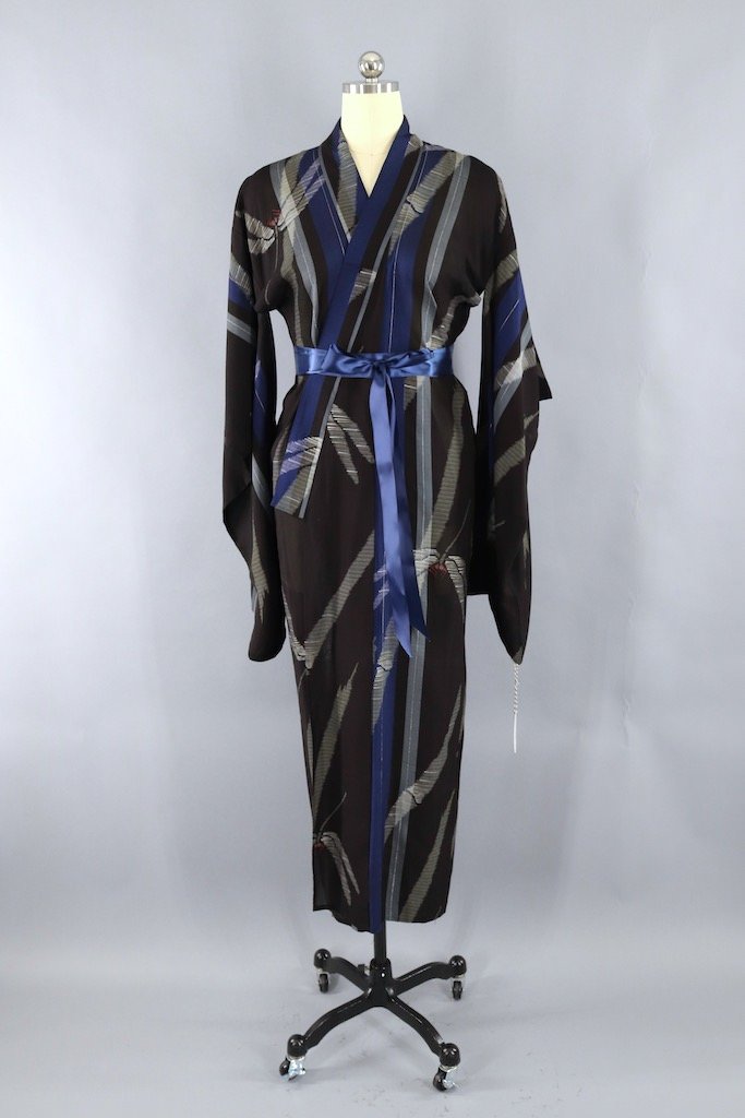 Vintage Black Dragonflies Silk Kimono Robe-ThisBlueBird - Modern Vintage