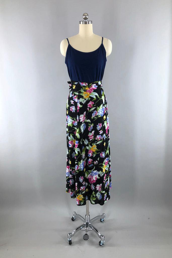 Vintage Black Floral Print Wrap Skirt-ThisBlueBird