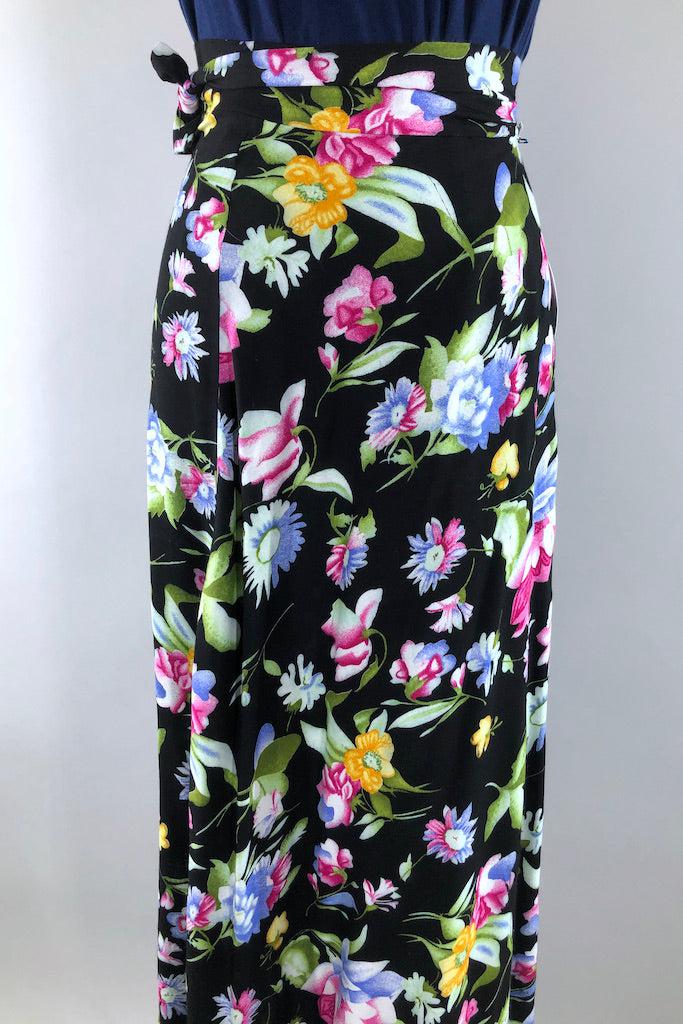 Vintage Black Floral Print Wrap Skirt-ThisBlueBird