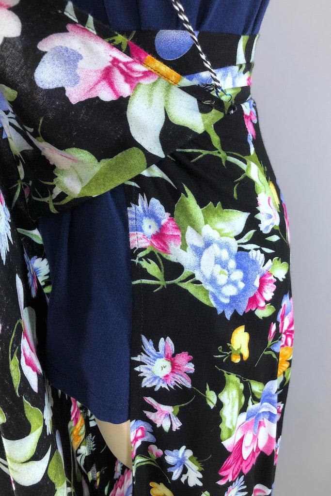 Vintage Black Floral Print Wrap Skirt-ThisBlueBird