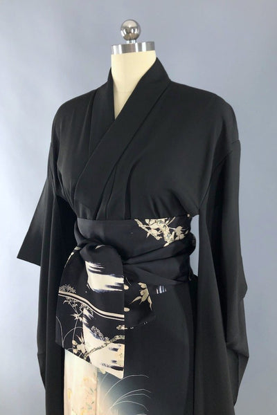 Vintage Black Floral Silk Kimono Robe-ThisBlueBird - Modern Vintage