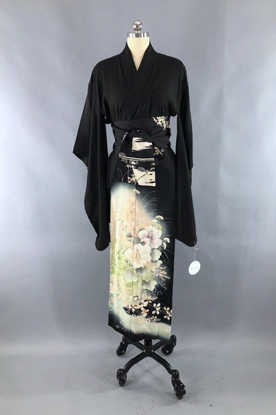 Vintage Black Floral Silk Kimono Robe-ThisBlueBird - Modern Vintage