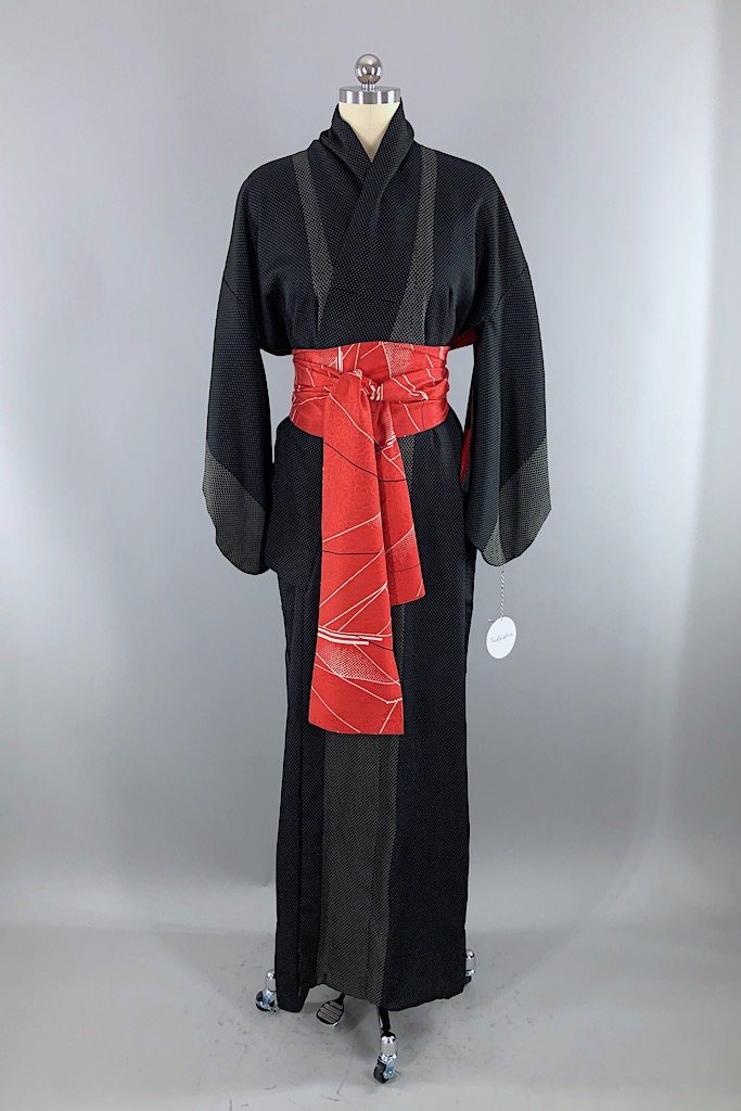 Vintage Black Geometric Silk Kimono Robe-ThisBlueBird - Modern Vintage