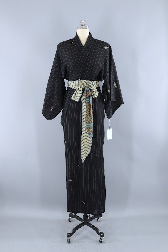 Vintage Black Georgette Feathers Kimono-ThisBlueBird - Modern Vintage
