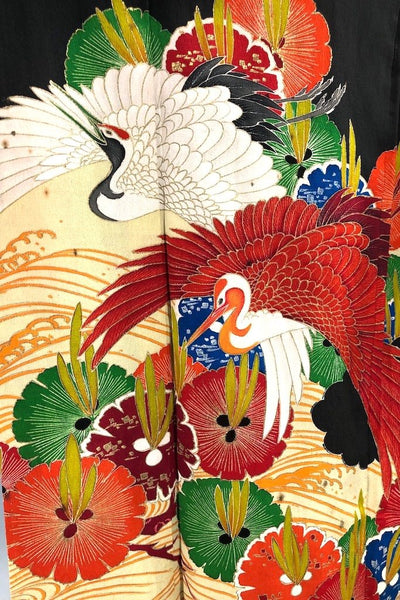 Vintage Black & Gold Flying Cranes Silk Kimono-ThisBlueBird - Modern Vintage