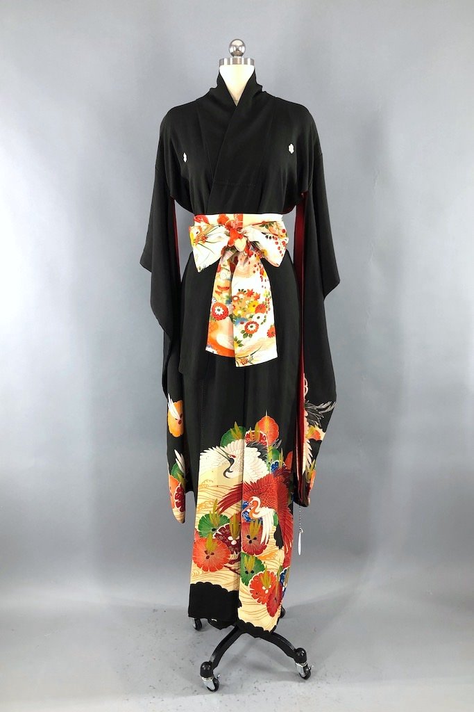 Vintage Black & Gold Flying Cranes Silk Kimono-ThisBlueBird - Modern Vintage