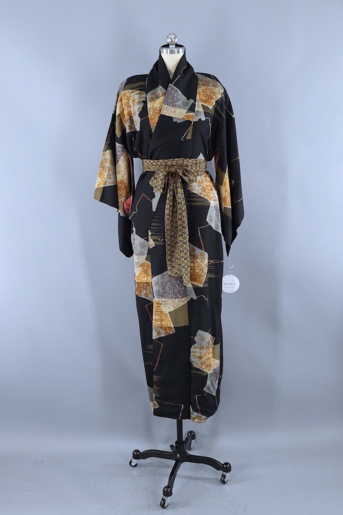 Vintage Black Gold Ikat Kimono Robe-ThisBlueBird - Modern Vintage
