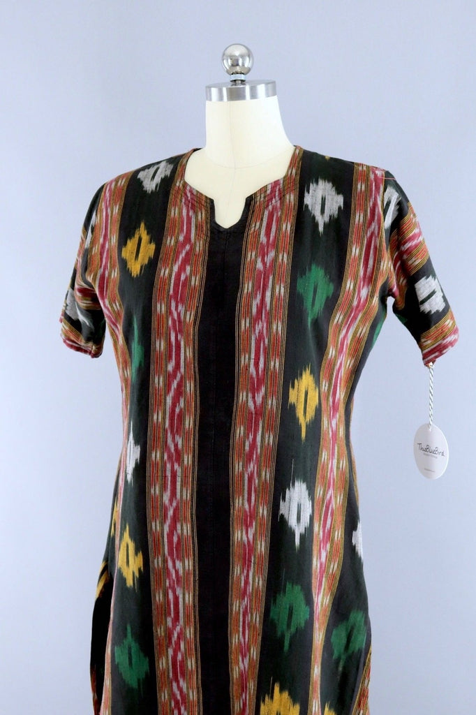 Vintage Black Ikat Caftan Tunic Dress - ThisBlueBird