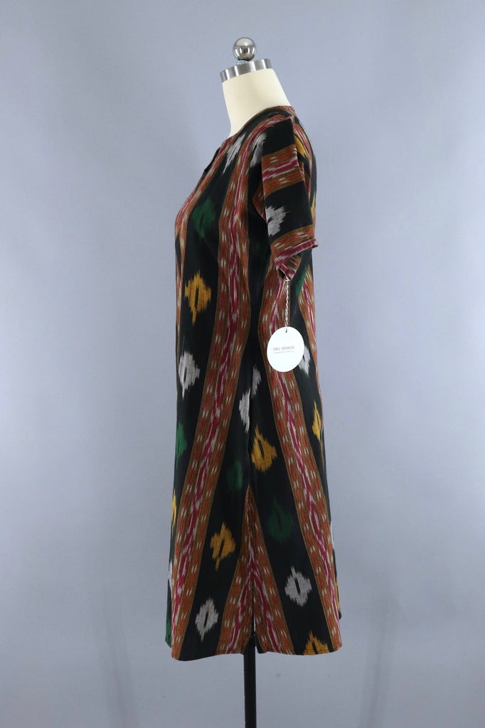 Vintage Black Ikat Caftan Tunic Dress - ThisBlueBird