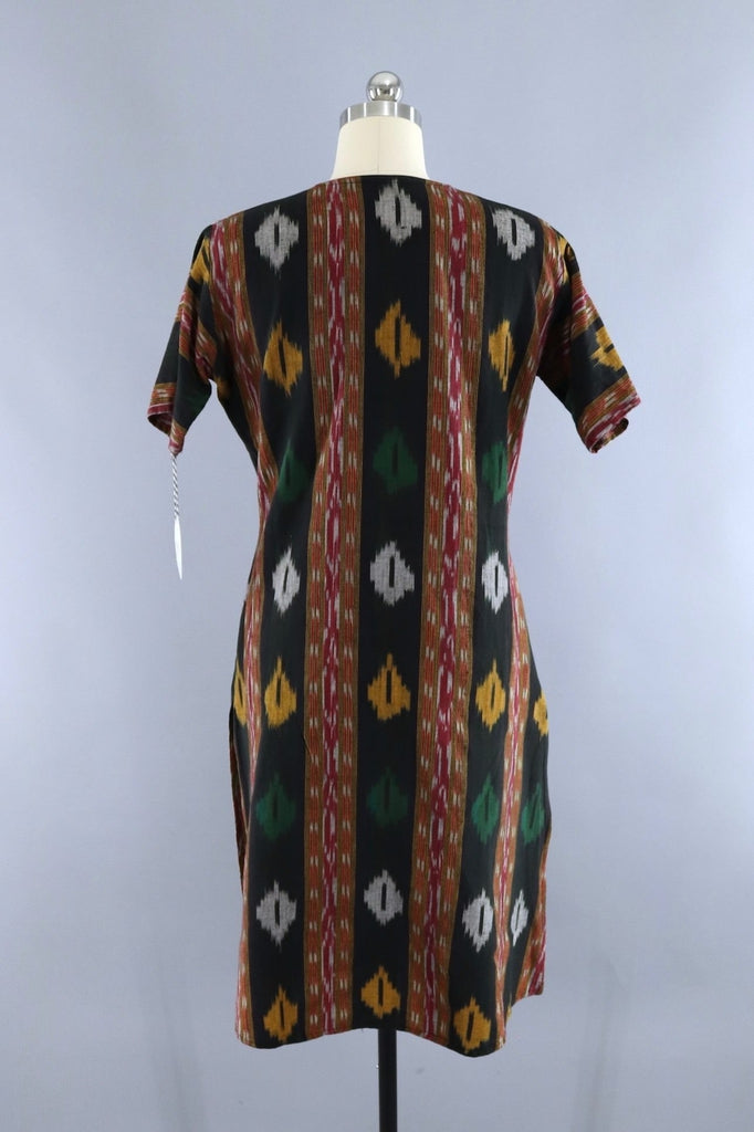 Vintage Black Ikat Caftan Tunic Dress - ThisBlueBird