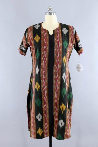 Vintage Black Ikat Caftan Tunic Dress - ThisBlueBird