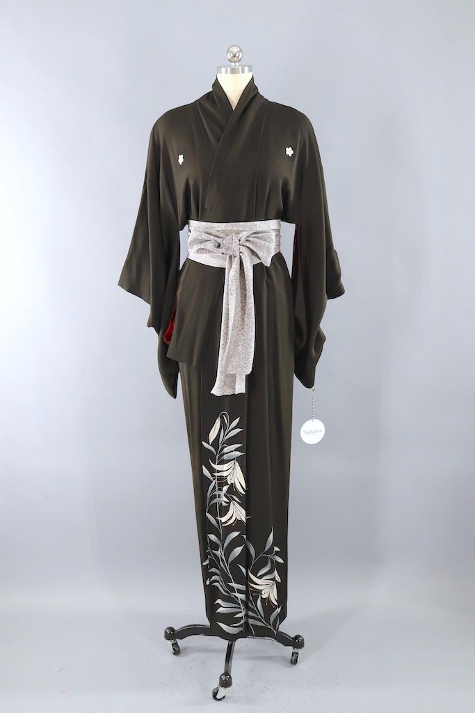 Vintage Black Lily Silk Kimono Robe-ThisBlueBird