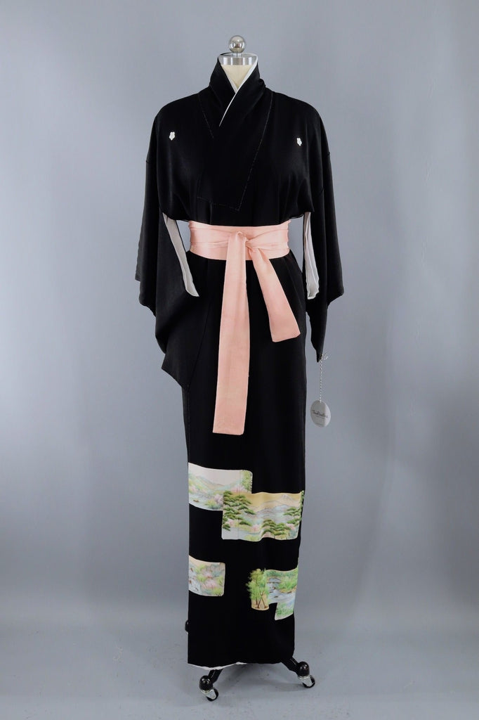 Vintage Black Mountain Landscape Silk Kimono Robe-ThisBlueBird - Modern Vintage