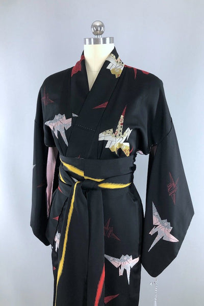 Vintage Black Origami Silk Kimono Robe-ThisBlueBird - Modern Vintage