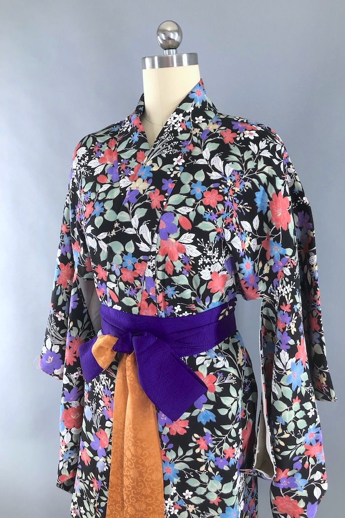 Vintage Black &amp; Purple Floral Silk Kimono Robe-ThisBlueBird - Modern Vintage