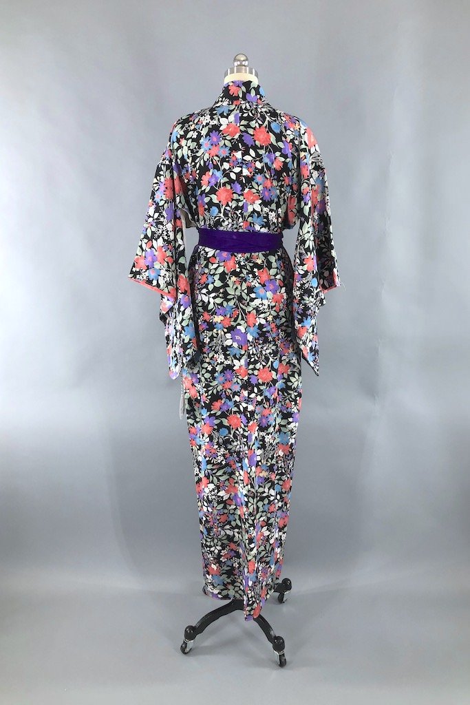 Vintage Black &amp; Purple Floral Silk Kimono Robe-ThisBlueBird - Modern Vintage