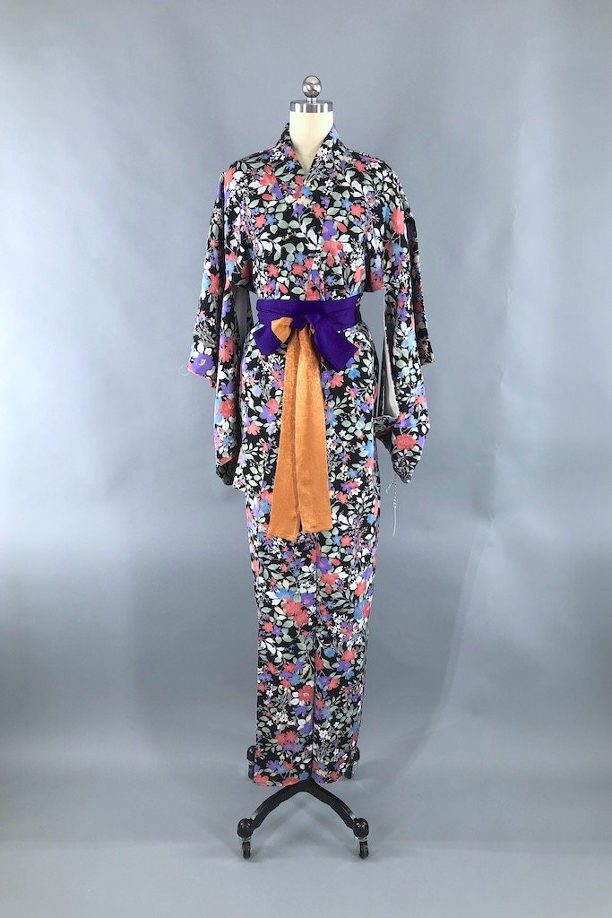 Vintage Black &amp; Purple Floral Silk Kimono Robe-ThisBlueBird - Modern Vintage
