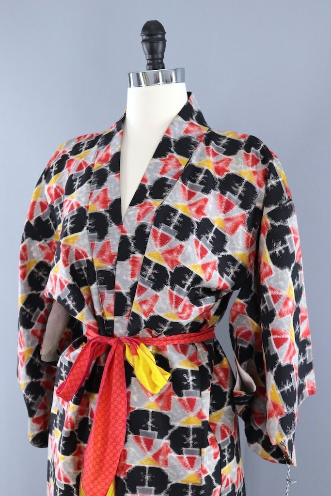 Vintage Black & Red Ikat Kimono Cardigan-ThisBlueBird - Modern Vintage