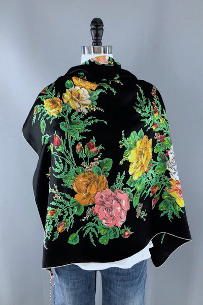 Vintage Black Roses Floral Print Silk Scarf-ThisBlueBird - Modern Vintage