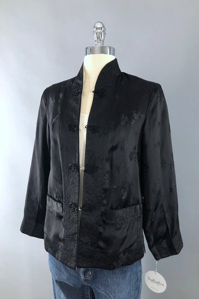 Vintage Black Satin Mandarin Jacket-ThisBlueBird - Modern Vintage