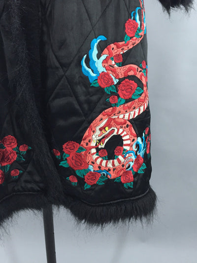 Vintage Black Satin Quilted Coat / Embroidered Dragons - ThisBlueBird