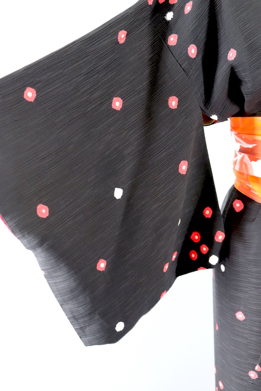 Vintage Black Silk Kimono Robe with Red and White Shibori Dots - ThisBlueBird