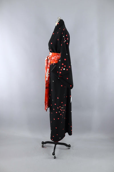 Vintage Black Silk Kimono Robe with Red and White Shibori Dots - ThisBlueBird