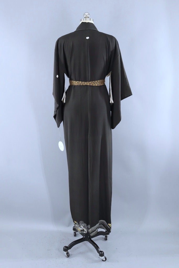 Vintage Black Waves Silk Kimono Robe-ThisBlueBird - Modern Vintage