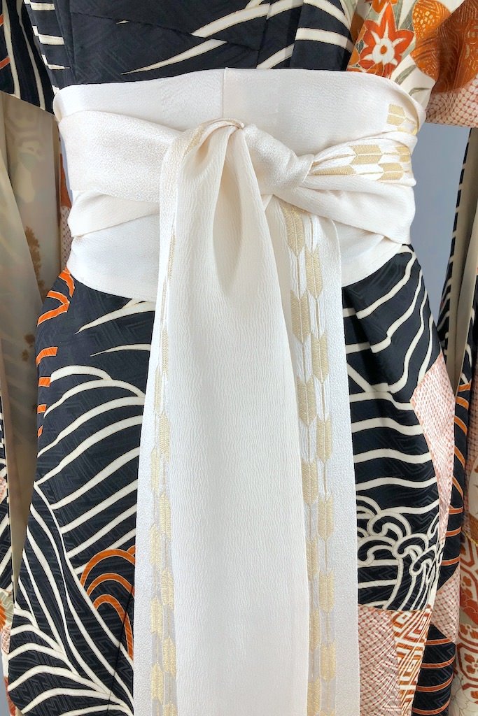 Vintage Black Waves Silk Kimono Robe-ThisBlueBird - Modern Vintage