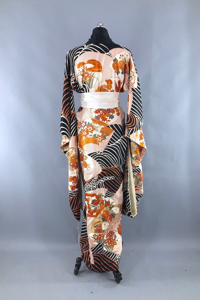 Vintage Black Waves Silk Kimono Robe-ThisBlueBird - Modern Vintage