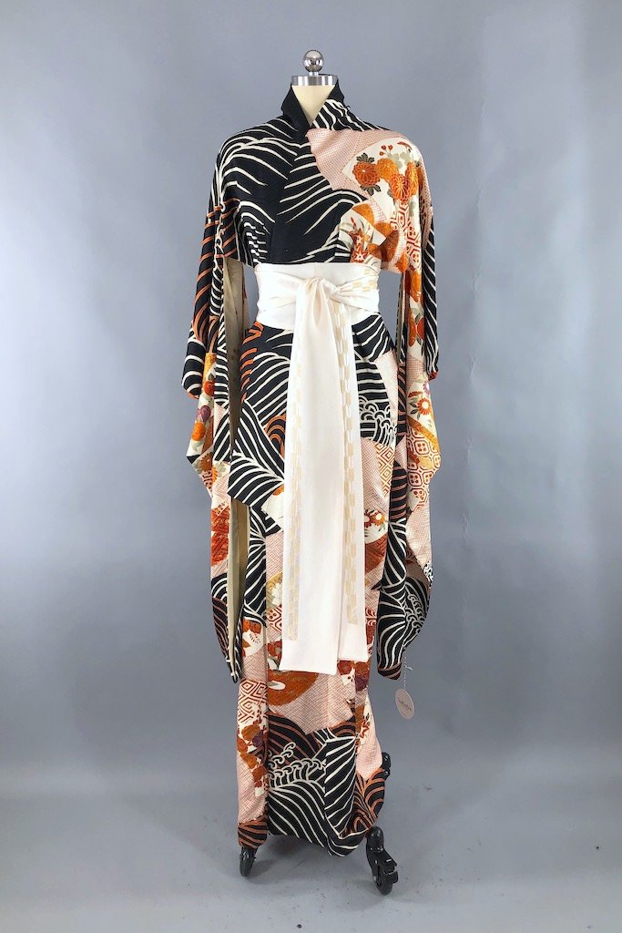 Vintage Black Waves Silk Kimono Robe-ThisBlueBird - Modern Vintage