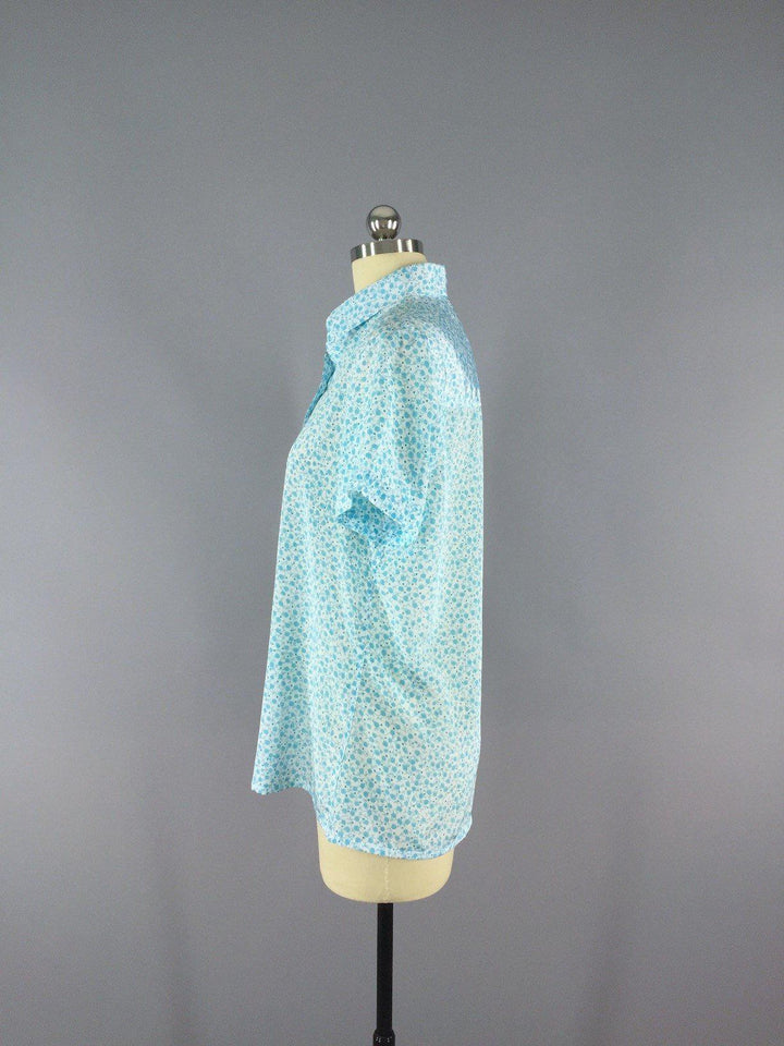 Vintage Blouse / Aqua Floral Print - ThisBlueBird
