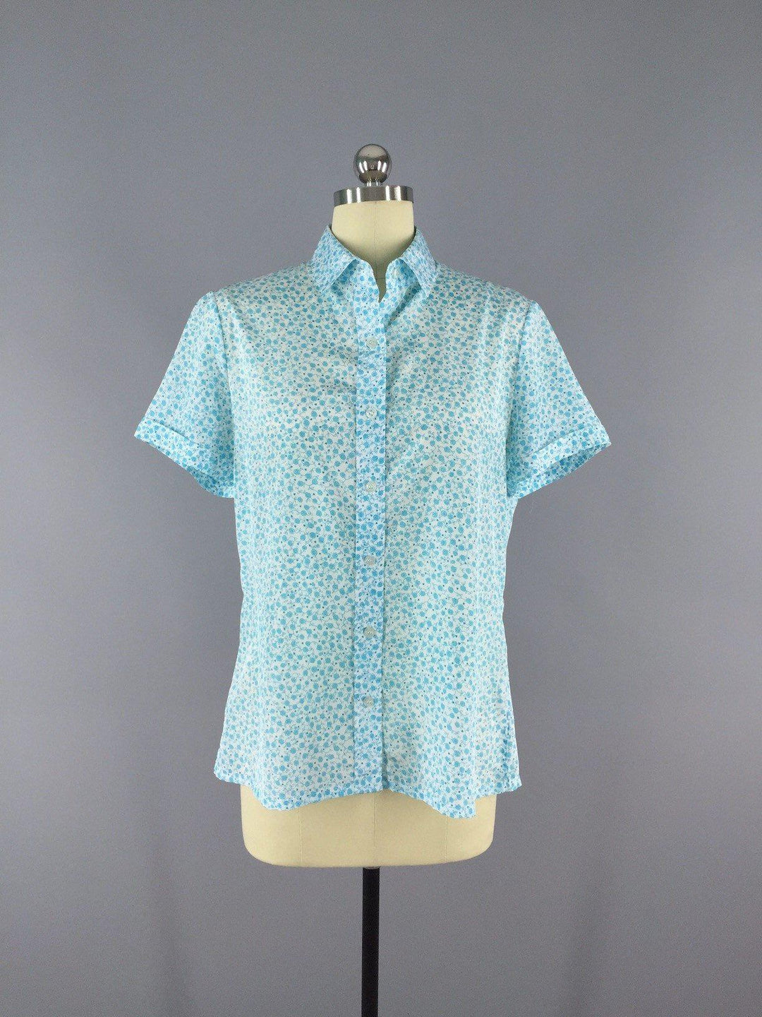 Vintage Blouse / Aqua Floral Print - ThisBlueBird