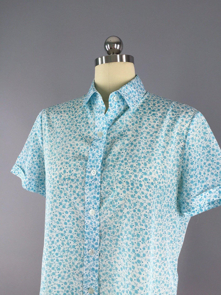 Vintage Blouse / Aqua Floral Print - ThisBlueBird